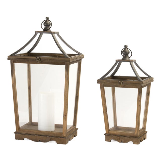 Natural Wooden Lantern with Open Top (Set of 2) For Sale