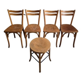 Vintage Baumann Bistro Chairs and Ottoman, France, 1950s, Set of 5 For Sale