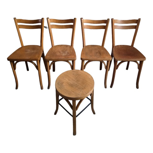 Vintage Baumann Bistro Chairs and Ottoman, France, 1950s, Set of 5 For Sale