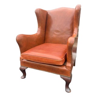 Classic Saddle Leather Wingback Chair For Sale