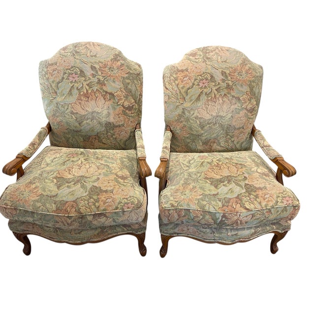 Late 20th Century Vintage Century Furniture Bergère Armchairs in Floral Upholstery, a Pair For Sale - Image 5 of 12