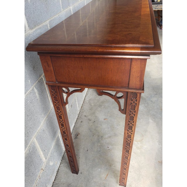 Brown 1970s Chippendale Walnut Burl Console Table With Fredwork and Banded Top For Sale - Image 8 of 10