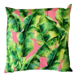 Contemporary Dominican Banana Leaves with Pink Pillow Cover For Sale