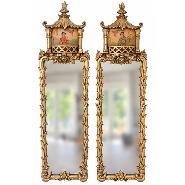 Pair of Elaborate Vintage Chinoiserie Giltwood Pagoda Mirrors, probably European. Exceptional and highly decorative pair...