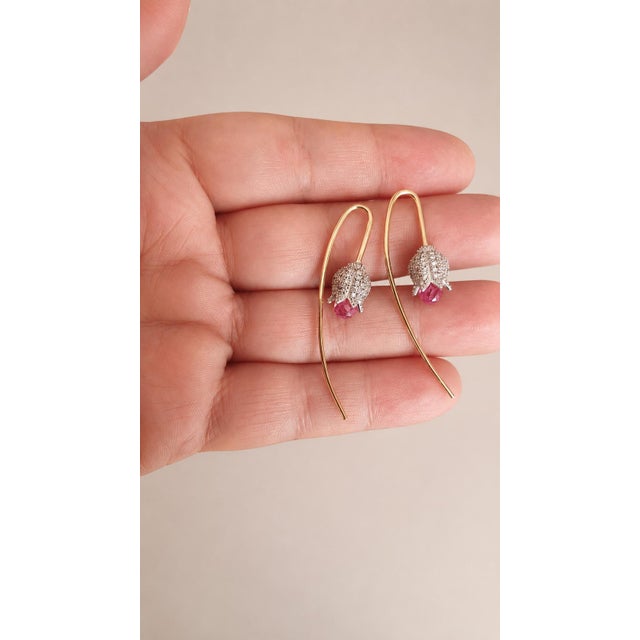 Not Yet Made - Made To Order Silver, Gold Lily Flower Earrings With Pink Quartz Briolettes, Pair For Sale - Image 5 of 10