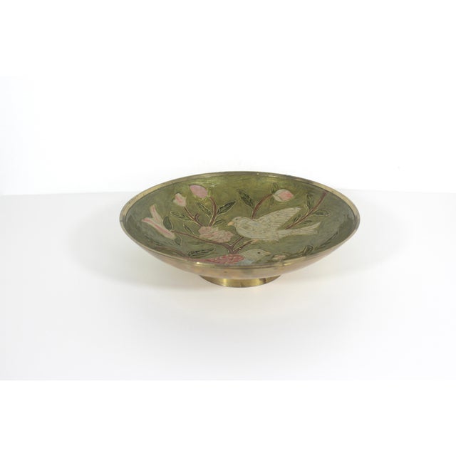 Vintage Enamelled Brass Pedestal Bowl Hand Painted Enamel Birds and Flowers Green Pink For Sale - Image 11 of 13