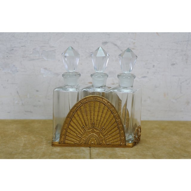 Antique French Art Deco Gilt Bronze Crystal Perfume Decanter Bottle Caddy Set 5" For Sale - Image 9 of 17
