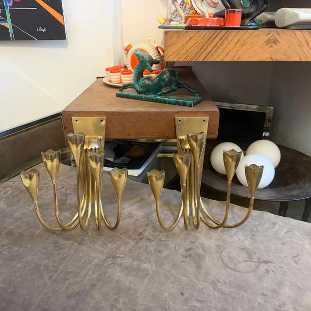 1950s Set of Two 1940s Gio Ponti Style Mid-Century Modern Solid Brass Wall Sconces For Sale - Image 5 of 16