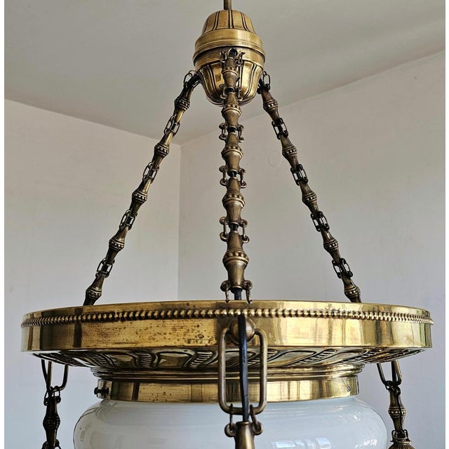 Gold Art Nouveau Polished Brass Chandelier with Opaline Glass Dome, Austria, 1910s For Sale - Image 8 of 12