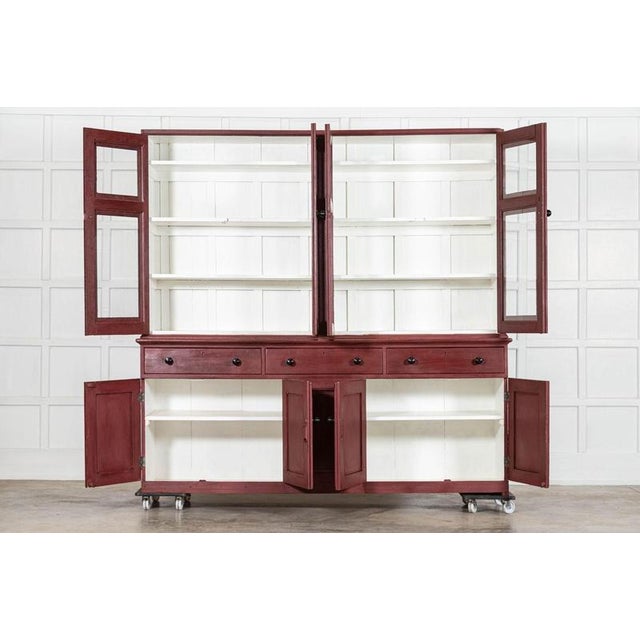 Circa 1880 large 19thc english painted pine glazed housekeepers cupboard together w213.5 x d55 x h207.5 cm base w213.5 x...