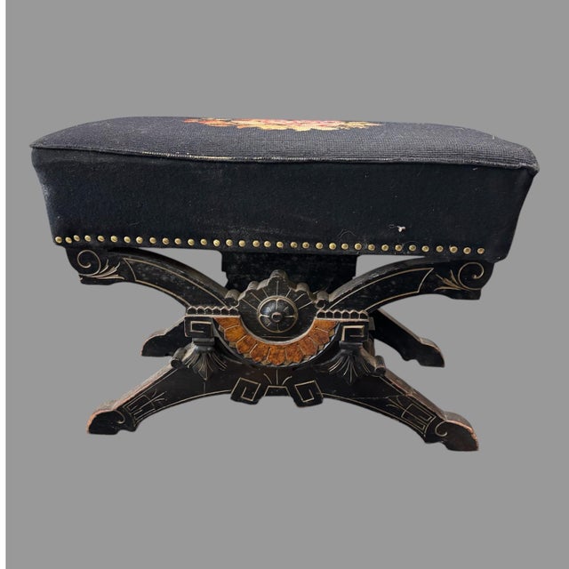 Early 20th Century Antique Victorian Ebonized Aesthetic Footstool With Floral Needlepoint Seat For Sale - Image 10 of 10