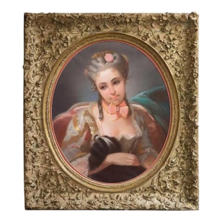 'Young Lady With a King Charles Spaniel', 19th Century French School, Rococo Revival Pastel For Sale