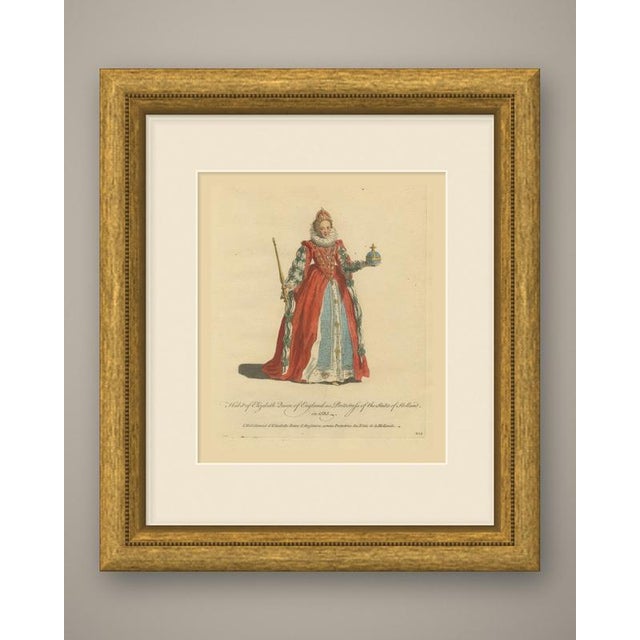 This is an original antique copper engraving with hand coloring, lettered in script over two lines "habit of elizabeth...
