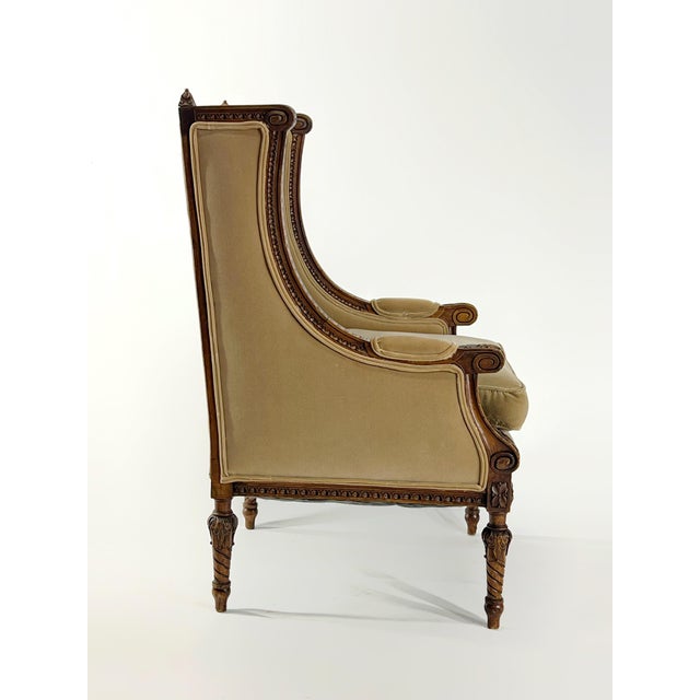 Vintage French Louis XVI-Style Bergère Armchair in Camel Velvet For Sale - Image 4 of 12