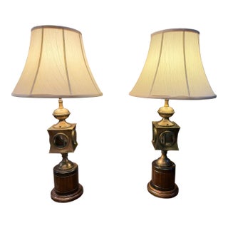 Late 20th Century Frederick Cooper Brass, Glass & Wood Nautical Lantern Table Lamps - a Pair For Sale