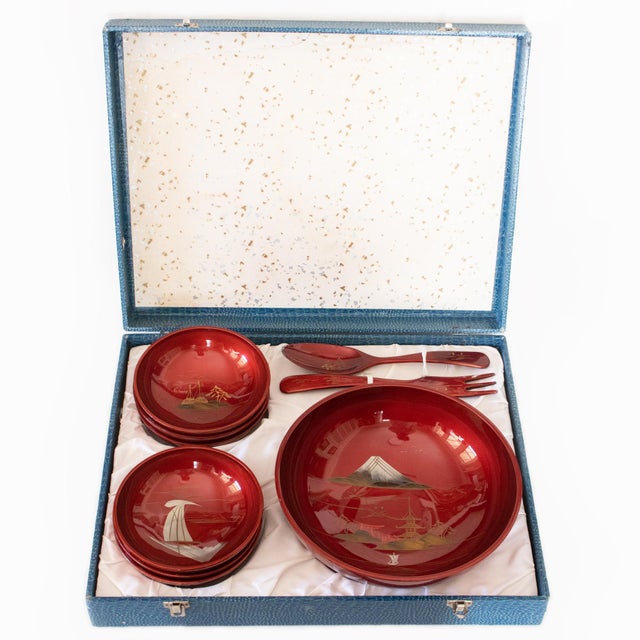 Two Japanese Vintage Lacquered Sets including one Set of 8 Sake Cups and Tray, and one Set of Dinner Bowls with Spoon and...