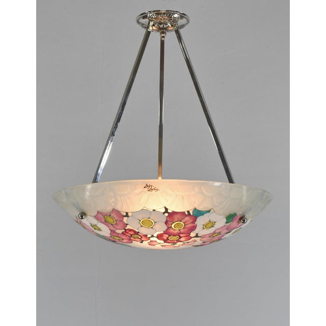 1930s Loys Lucha French Art Deco Pendant Light 1930s - Enameled Pink Floral Bowl For Sale - Image 5 of 13