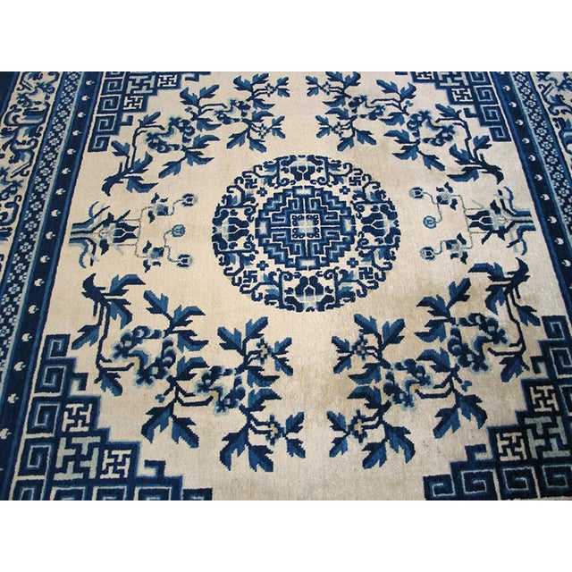 Chinese Sensational Floral-Medallion on a Ivory Background and Blue Border Antique Chinese Ningxia Rug For Sale - Image 3 of 7