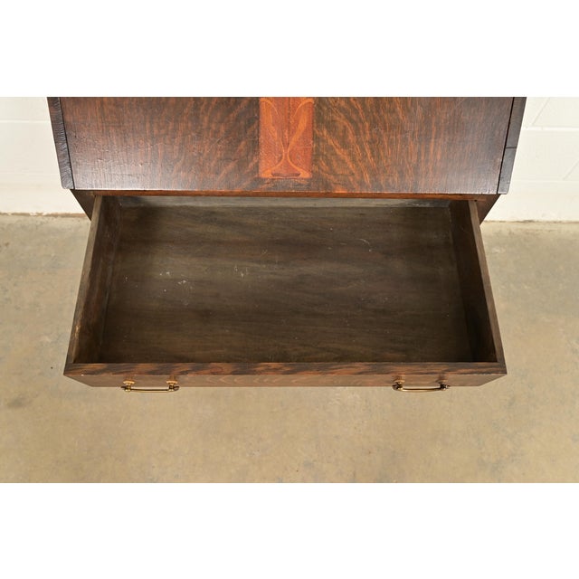 Brown Stickley Brothers Style Antique Mission Oak Arts & Crafts Drop Front Secretary Desk With Inlaid Marquetry, Circa 1910 For Sale - Image 8 of 16