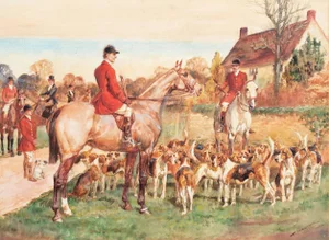 'The Meet' by Thomas Ivester Lloyd, English Edwardian Fox Hunting, Equestrian Watercolor, Beagles