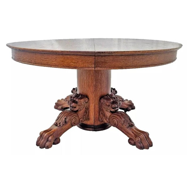 Victorian Antique 1890s Round Tiger Oak Dining Table With Carved