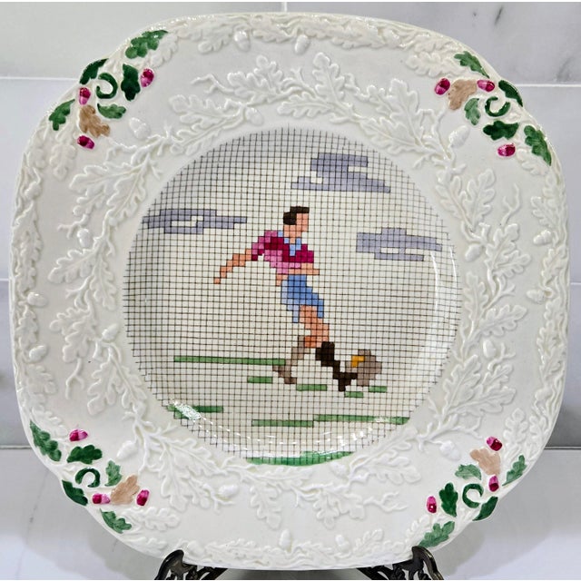 English Mason’s Ironstone Sampler Needlepoint Sporting Plates With Embossed Floral Borders, Set of 6, Circa 1930 For Sale - Image 9 of 18