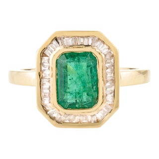 Octagon Cut Emerald & Baguette Halo Set Diamond Statement Ring Size 5.5 For Sale
