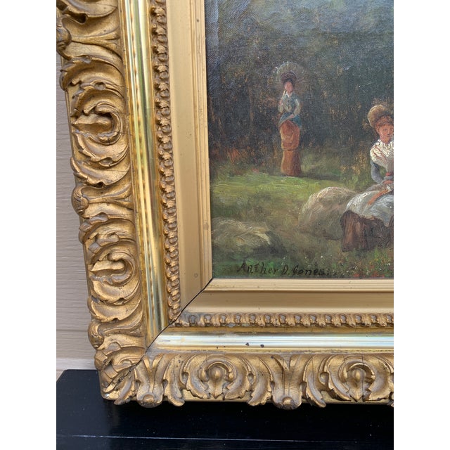 Green Antique Hand Painted Framed Oil on Canvas Ladies in a Landscape Painting For Sale - Image 8 of 16