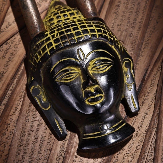 Traditional Vintage Bronze Buddha Head Padlock With Key and Auspicious Symbols For Sale - Image 3 of 9