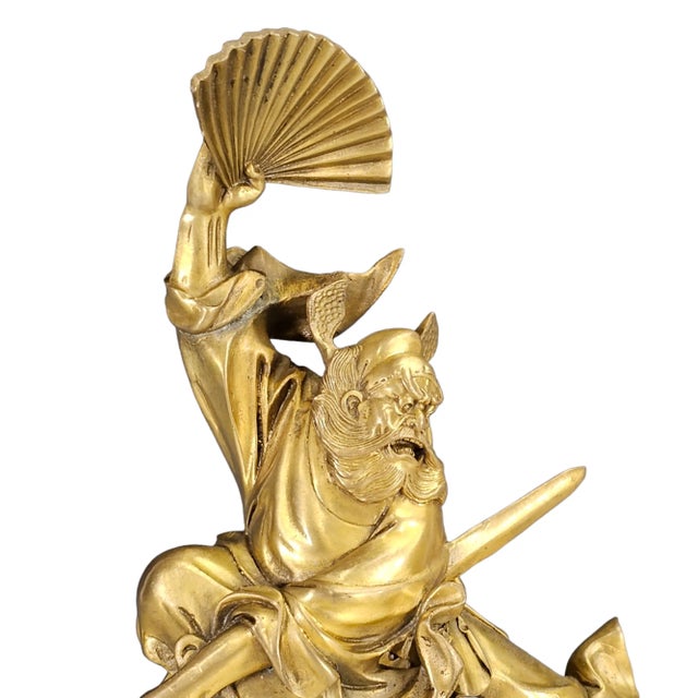 Metal Gilt Brass Zhong Kui Exorcist Statue on Carved Wood Stand, Vintage Chinese Mythological Sculpture For Sale - Image 7 of 13