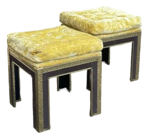Vintage Brass-Trimmed Square Stools With Yellow Velvet Cushions - A Pair