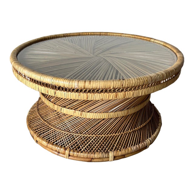 Vintage Woven Rattan Round Coffee Table W/ Glass Top Chairish