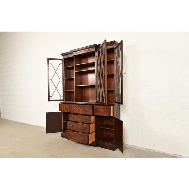 Baker Furniture Georgian Flame Mahogany Bubble Glass Breakfront Bookcase Cabinet With Drop Front Secretary Desk, Circa 1940s For Sale In South Bend - Image 6 of 14