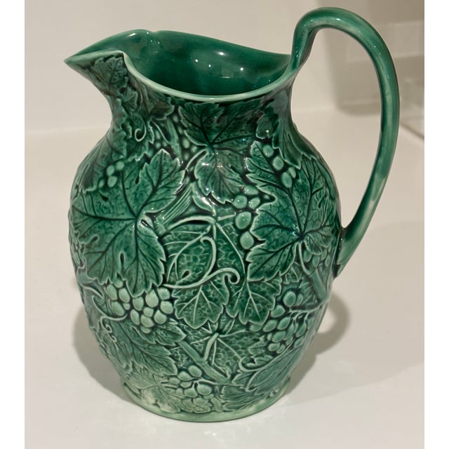 English Vintage Wedgwood Majolica Style Etruria & Barlaston Green Grapes & Leaves Pitcher For Sale - Image 3 of 12