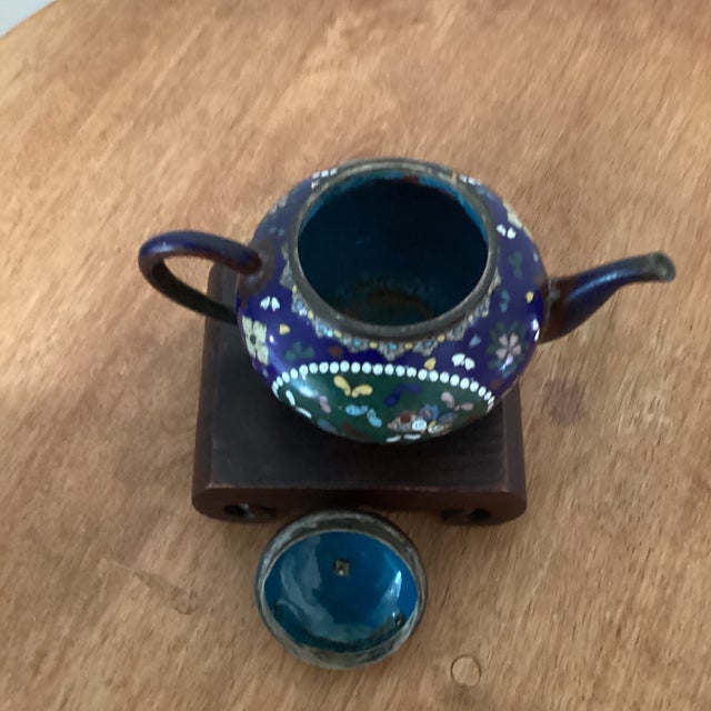 Antique Japanese Cloisonné Meiji Period Teapot Phoenix Motif, Blue Enamel Body on Wood Base For Sale - Image 4 of 12