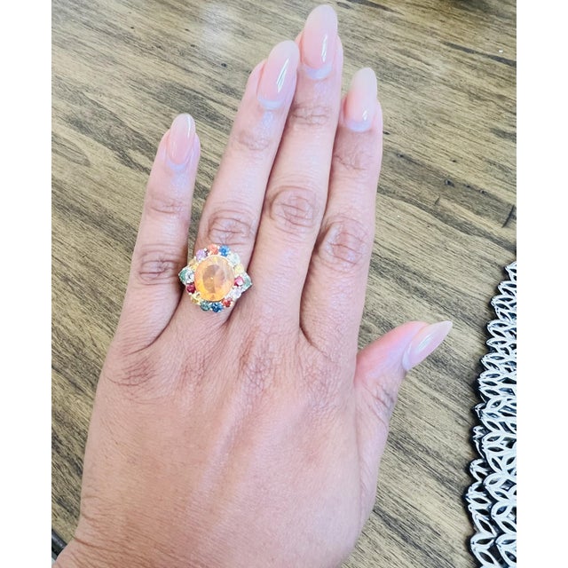Orange 6.74 Carat Fire Opal Sapphire Diamond 14 Karat Yellow Gold Cocktail Ring Size 7 For Sale - Image 8 of 8