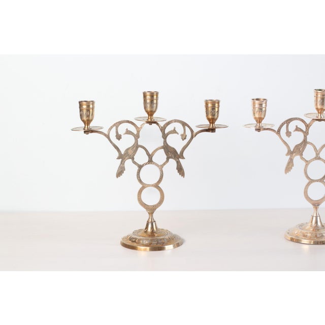 1970s Brass Peacock Three-Arm Candelabras With Pierced Filigree For Sale - Image 5 of 12