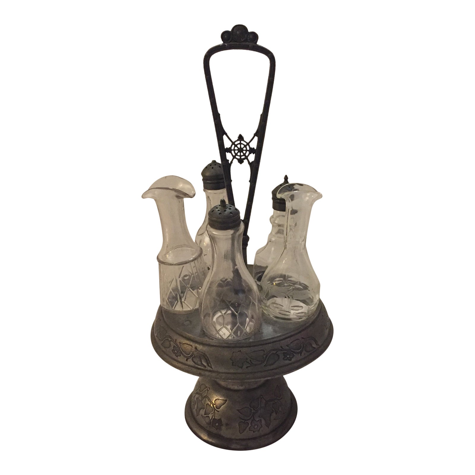 Antique Metal and Glass Cruet Salt Pepper Oil Vinegar Pieces and Holder