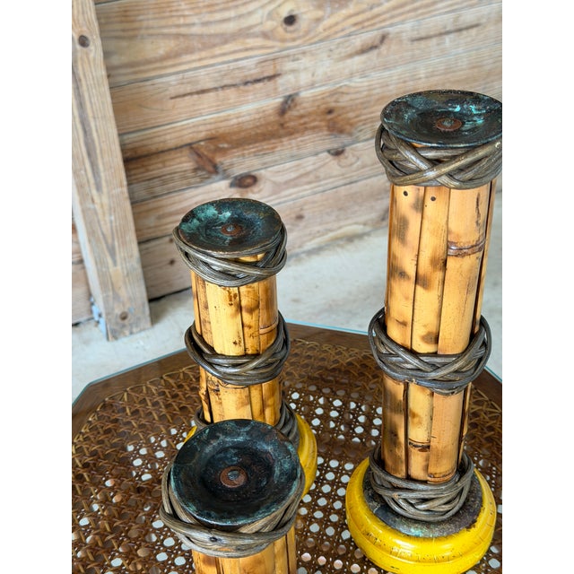 Set of Three Vintage Scorched Bamboo and Rattan Wrapped Candlesticks For Sale - Image 10 of 12