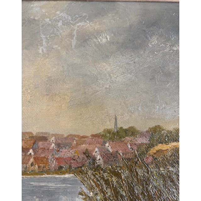Wood Vintage European Coastal Landscape Oil Painting | Framed Harbor Village Seascape For Sale - Image 7 of 10