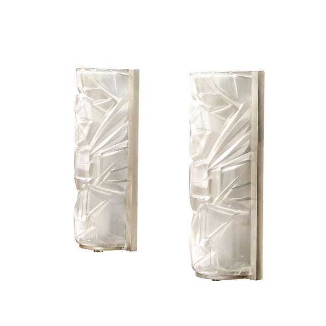 1930s Art Deco Molded & Frosted Glass W/ Abstract Cubist Geometric Motif Sconces For Sale - Image 5 of 18