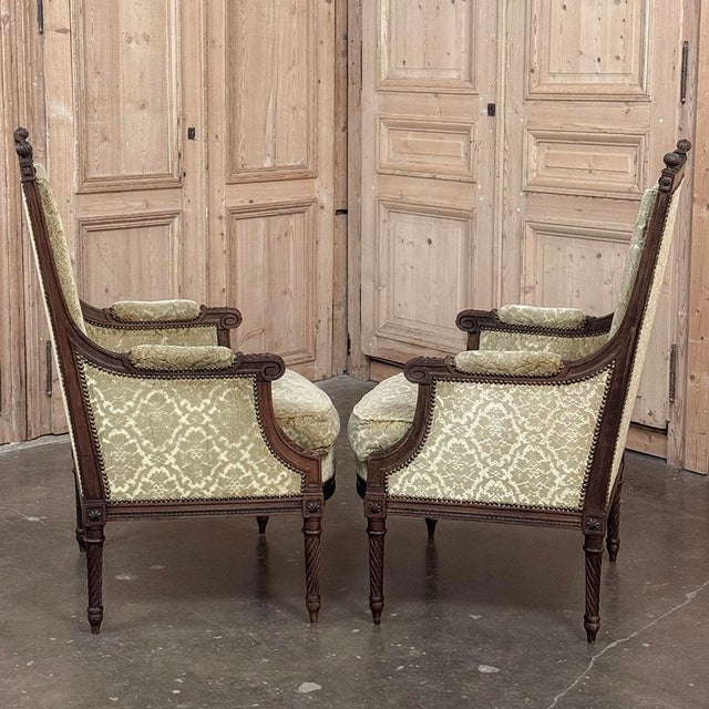 Late 19th Century Pair of 19th Century French Louis XVI Walnut Armchairs ~ Bergeres For Sale - Image 5 of 17