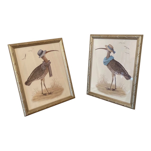 Early 21st Century Whimsical Bird Prints in Silver Frame ~ a Pair For Sale