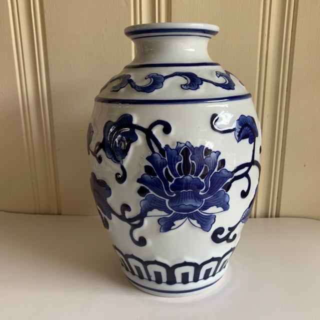 Large Blue And White Lotus Flower Vase Chairish