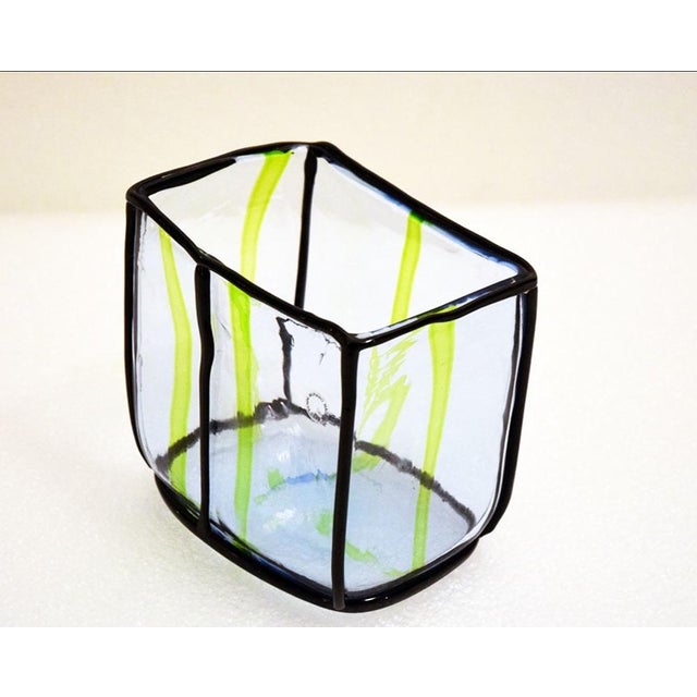 Fulvio Bianconi for Venini, Epipedos vase, 1990s. Rectangular-section vase in aquamarine blown glass with green vertical...