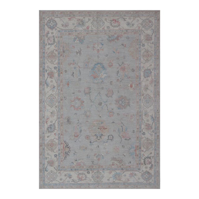 2020s Large Oushak Rug With Floral Motifs & Muted Colorful Tones on Neutral Background For Sale