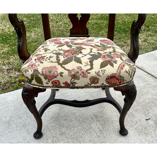 Queen Anne Antique Carved Walnut Queen Anne Style High Back Arm Chair W/Stretcher Base For Sale - Image 3 of 13