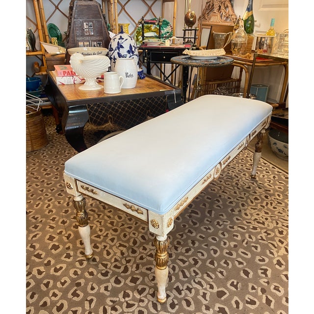 Justin, this beautiful Hollywood regency newly upholstered large bench in the Louis XVI Style. This large bench is painted...
