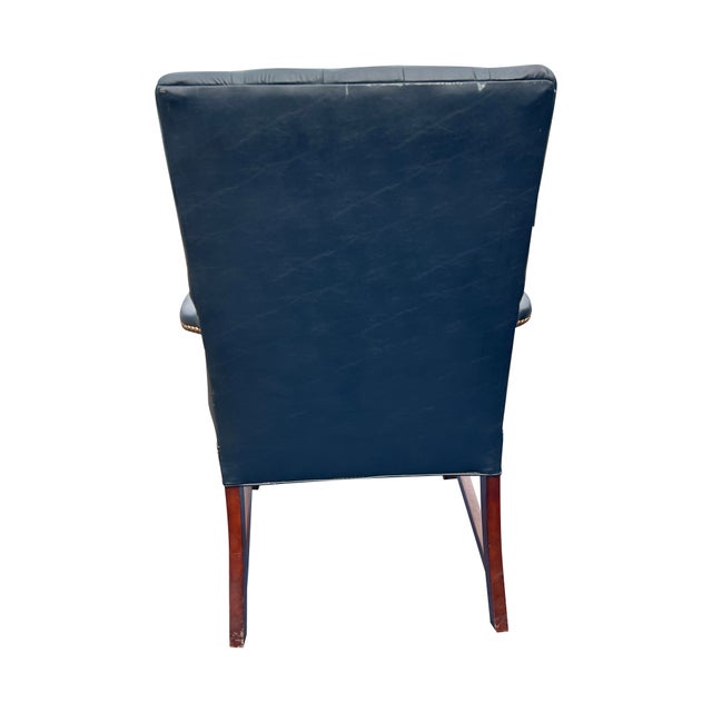 Chesterfield Tufted Blue Leather Arm Chairs Set of 7 English Style With Brass Nailhead Accent's For Sale In New York - Image 6 of 12