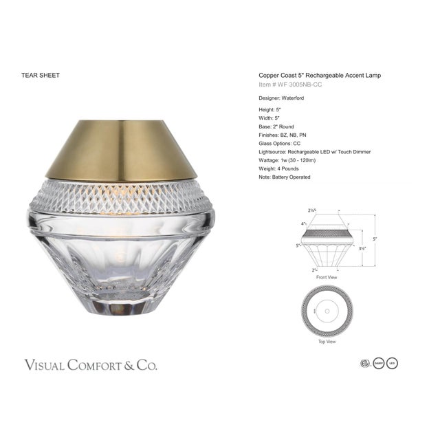 Waterford by Visual Comfort Signature Copper Coast 5" Rechargeable Accent Lamp in Natural Brass with Clear Crystal...